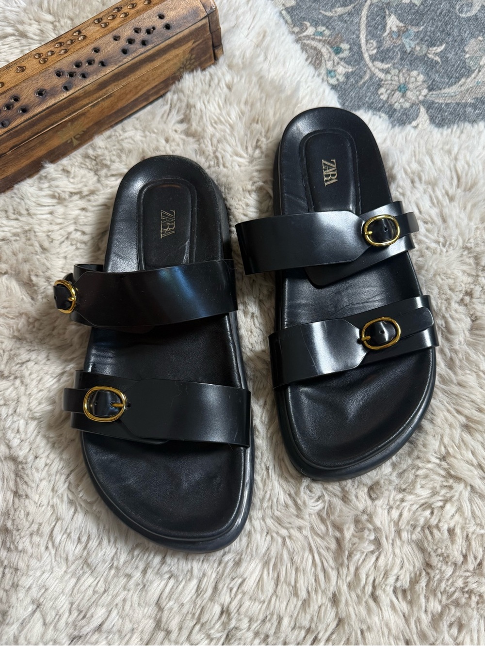 Zara Black Slide Sandals with Gold Buckles - Women's 39